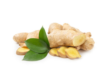 Fresh ginger and lemon isolated on white background. Sliced ​​ginger. Ginger root. Traditional...