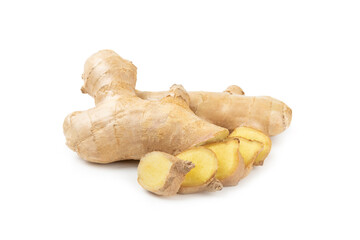 Fresh ginger and lemon isolated on white background. Sliced ​​ginger. Ginger root. Traditional...