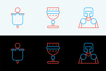 Set line Medieval knight, flag and goblet icon. Vector