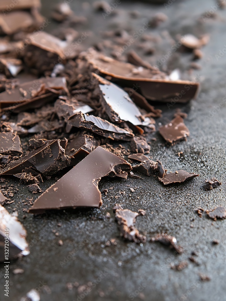 Aufkleber rough chunks and flakes of dark chocolate scattered across a shiny surface highlighting rich texture