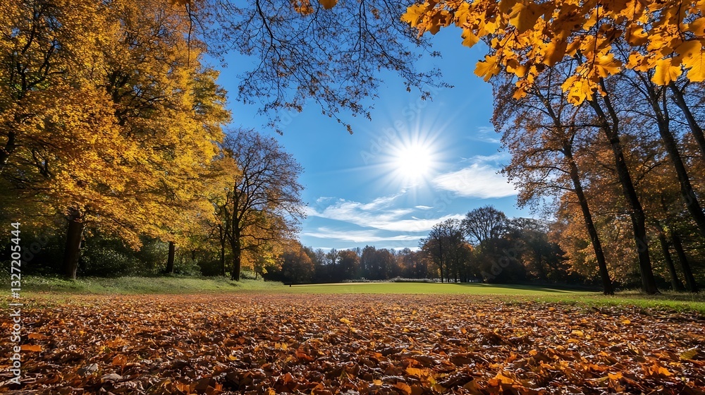 Poster sunlight shining through colorful autumn trees illuminating an expansive park filled with fallen lea