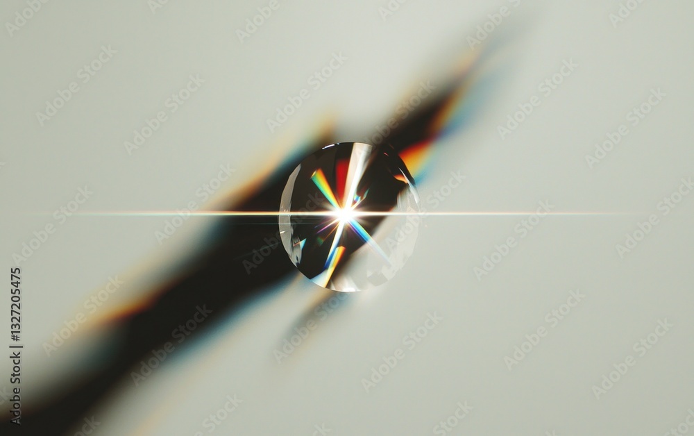 Poster close-up shot of a transparent sphere reflecting a rainbow of light against a muted gray background.