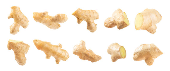 Naklejka premium Fresh ginger and lemon isolated on white background. Sliced ​​ginger. Ginger root. Traditional alternative medicine, healing tea for immunity. Close-up.