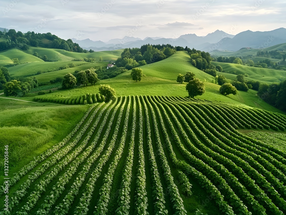 Poster aerial view of a thriving agroforestry plot featuring a dense foliage of fruit trees and vegetable b
