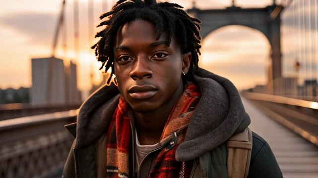 Junger Mann mit Dreadlocks und ernstem Blick bei Sonnenuntergang