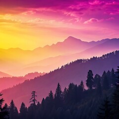 Obraz premium Vibrant Mountain Landscape: Stunning Image of Colorful Ranges, Dense Forests, Dynamic Sky, and Silhouetted Trees for Nature Photography Enthusiasts..