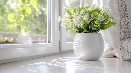 Fototapeta premium Fresh White Flowers in Modern Pot on Sunlit Indoor Windowsill with Natural Light and Greenery