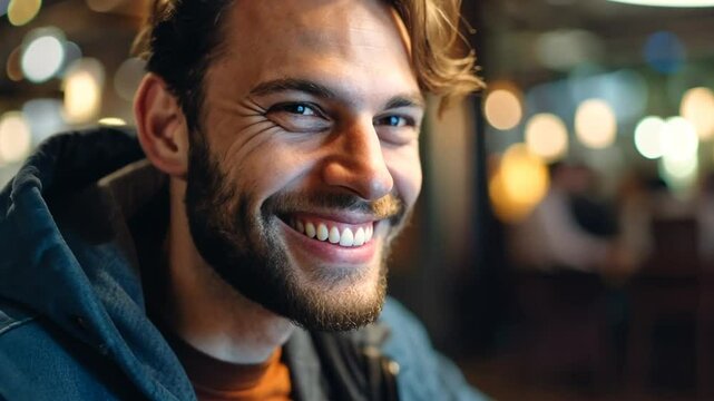 L&auml;chelnder junger Mann in Caf&eacute; entspannte Atmosph&auml;re