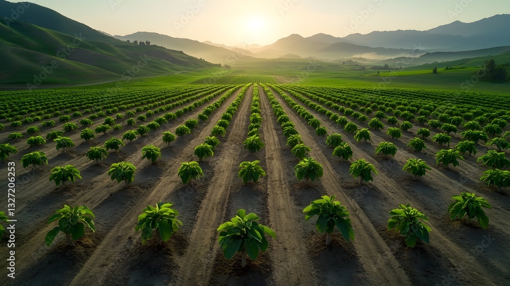Poster aerial view of a vast reforestation program in a previously barren landscape showcasing countless ro