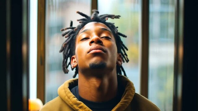 Junger Mann mit Dreadlocks fasst sich nachdenklich an den Kopf