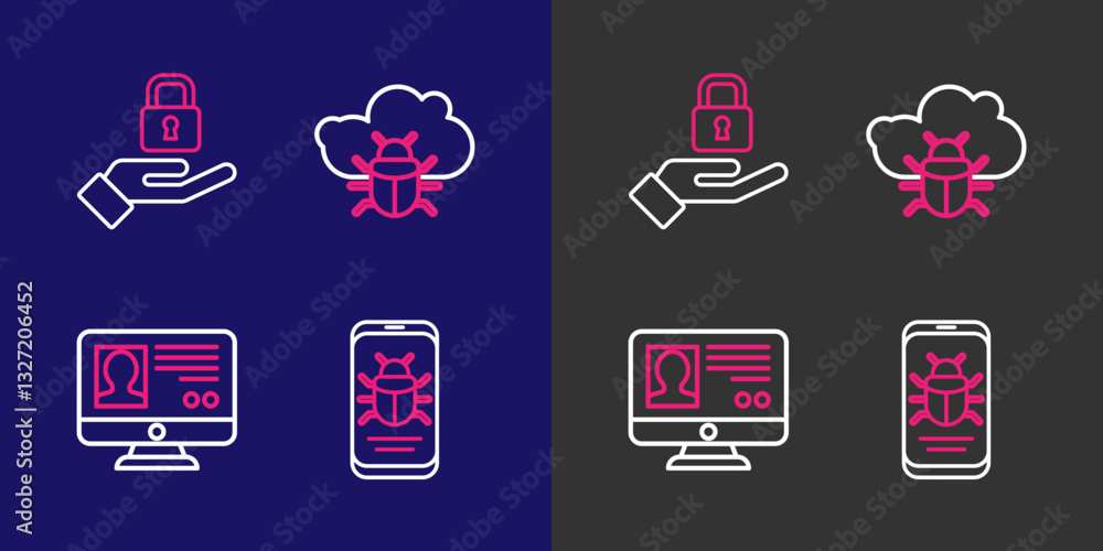 Poster set line system bug on mobile, create account screen, cloud and lock in hand icon. vector