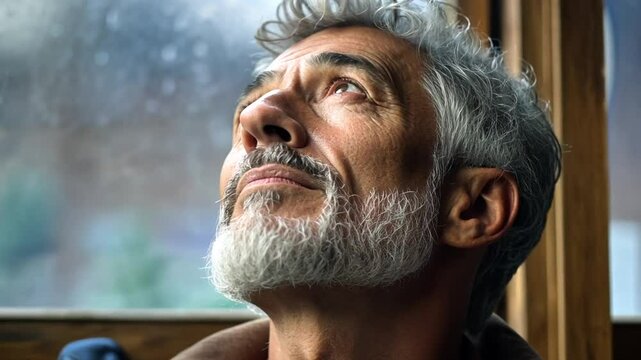 &Auml;lterer Mann mit wei&szlig;em Bart blickt hoffnungsvoll in die Ferne