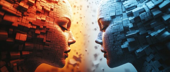 Two faces made of blocks, one is orange and the other is blue
