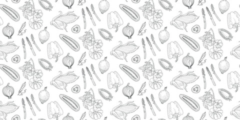 A pattern of vegetables. Proper nutrition, organic products.Seamless monochrome black and white background of tomatoes, onions, peppers, beans, cucumbers, corn, asparagus. 