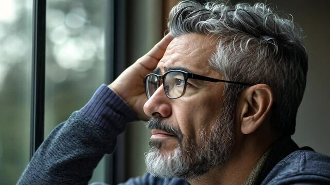 &Auml;lterer Mann mit grauem Bart fasst sich an den Kopf