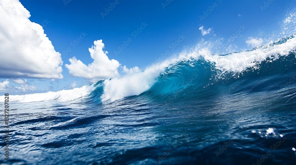 Aufkleber powerful ocean waves crashing against the shore under a blue sky filled with fluffy white clouds : g
