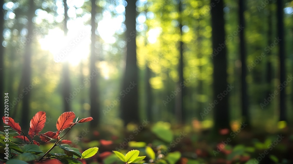 Poster Sunlight Filtering Through Trees in a Lush Green Forest Creating a Tranquil Natural Setting : Generative AI