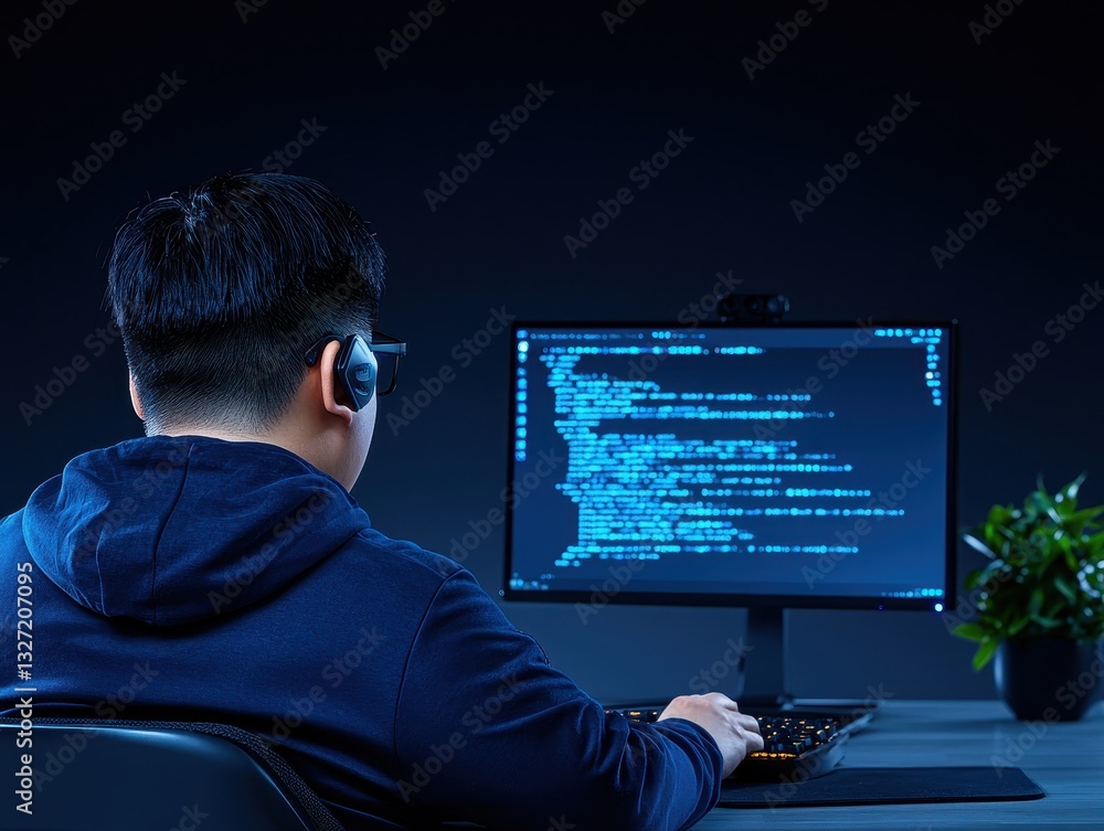 Poster a focused individual coding in a dark room, illuminated by computer screen light, with a plant nearb