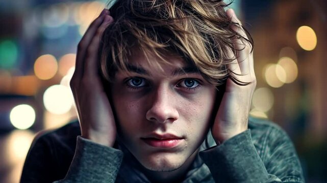 Junger Mann mit dunklem Haar fasst sich mit beiden H&auml;nden an den Kopf