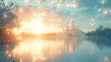 Naklejka premium Soft pastel colors magical sunset light over a palace near water reflecting on surface. Generative AI