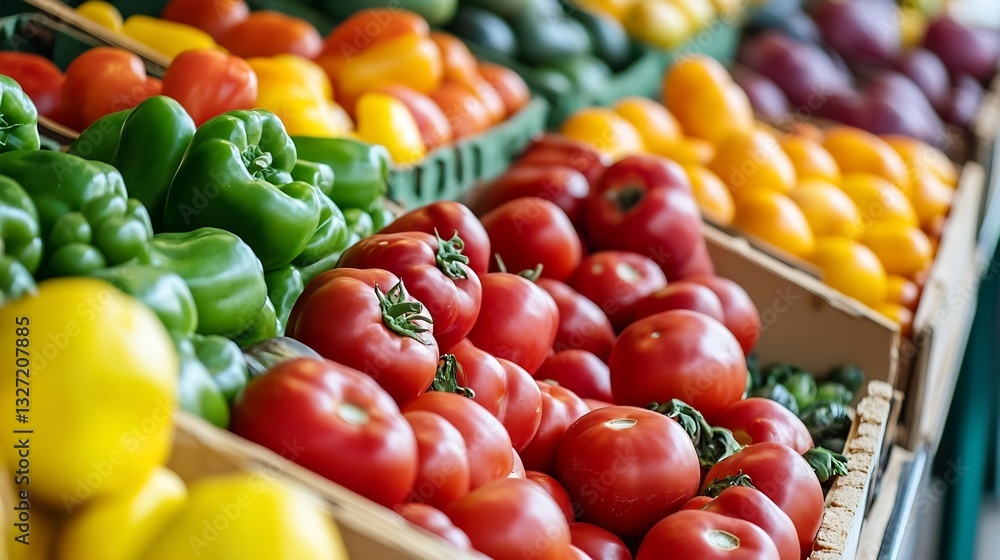 Poster fresh and colorful array of organic vegetables at a vibrant market stall full of peppers and tomatoe
