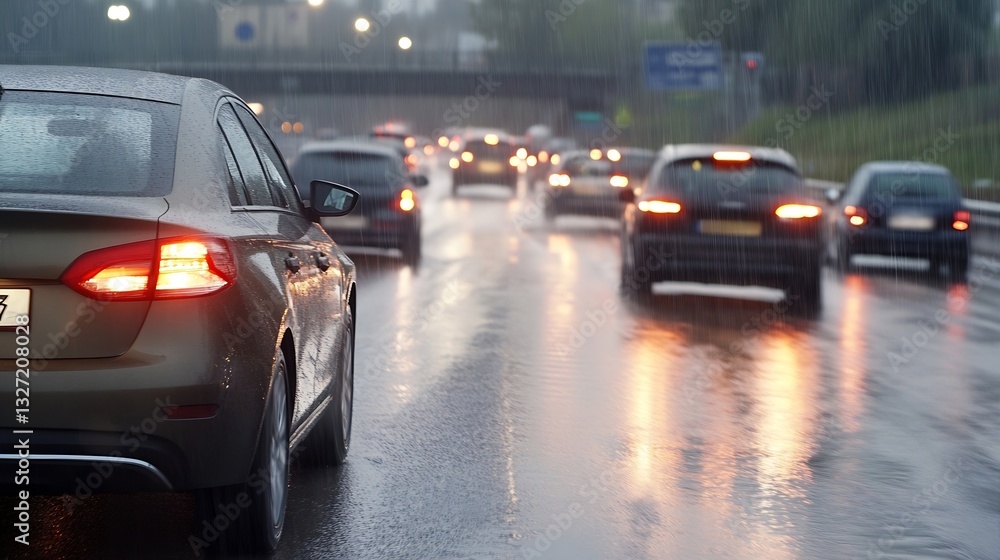 Poster cars driving on a rainsoaked road creating a reflective surface in wet conditions : generative ai