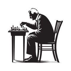 Clever Old Man Playing Chess silhouette, always one step ahead - Old Man illustration - Minimalist Old Man vector - Mindful tactician
