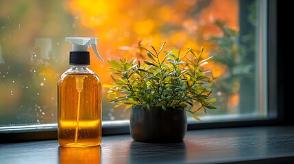 Amber Liquid Spray Bottle with Plant Autumn Windowsill