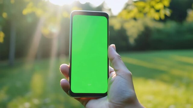Hand of young man holding smartphone green screen in the summer park nature. Mobile phone vertical mockup. Male person using phone with blank green background display. Chroma key smart phone. Close up