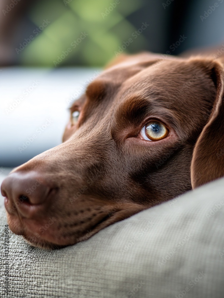 Poster close up of a brown dog resting its head on a cushion with soulful eyes looking up : generative ai