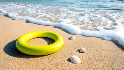 Obraz premium A bright yellow flotation ring beside a sandy beach, with gentle waves and several seashells scattered nearby. Concept Beach Scene, Flotation Ring, Gentle Waves, Seashells, Summer Vibes
