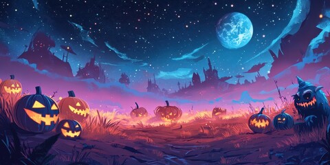 A spooky nighttime scene with glowing carved pumpkins and monsters