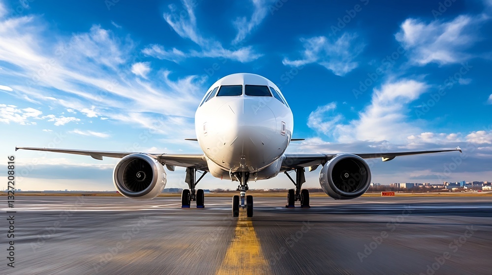 Aufkleber front view of a commercial jet airplane ready for takeoff against a blue sky with clouds : generativ