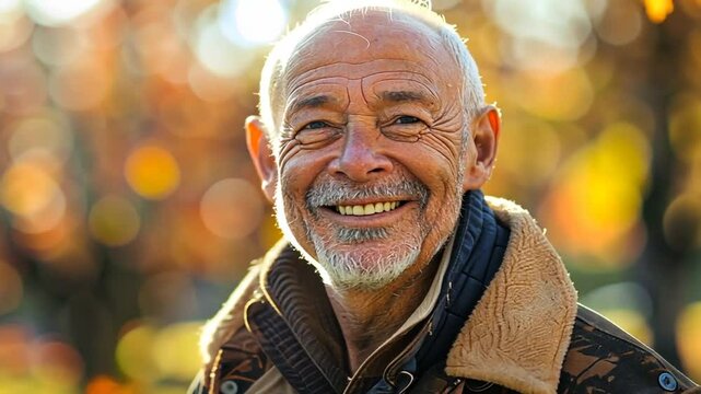 &Auml;lterer Mann mit Bart l&auml;chelt im warmen Herbstlicht