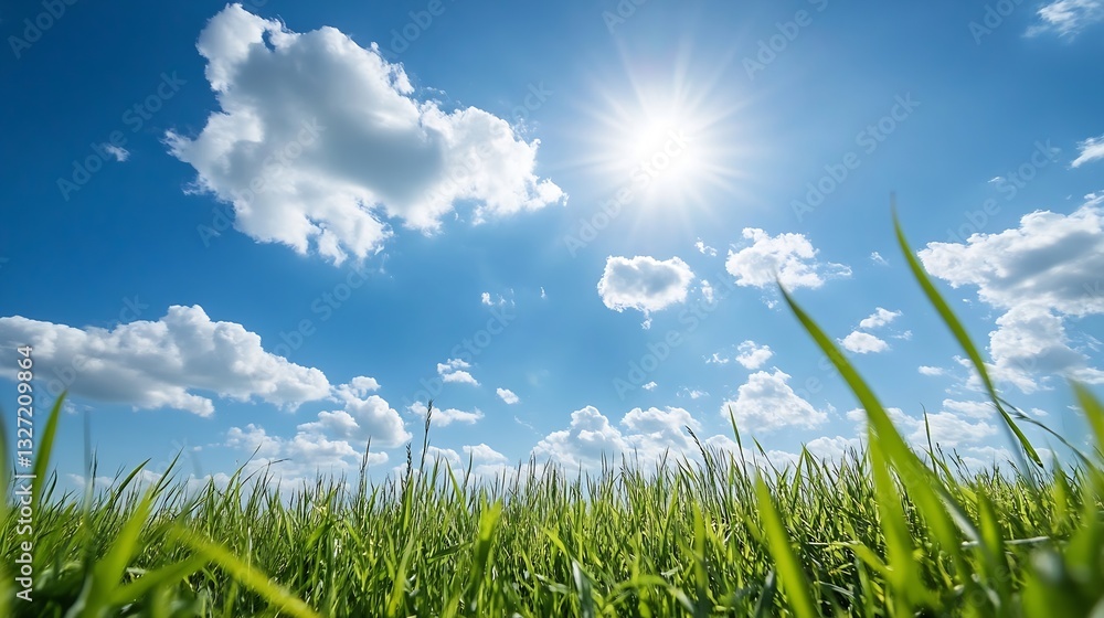 Poster breathtaking panoramic view of green grass field under sunny blue skies with dynamic cloud patterns 