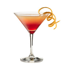 Elegant cocktail with orange peel garnish red cocktail on white background