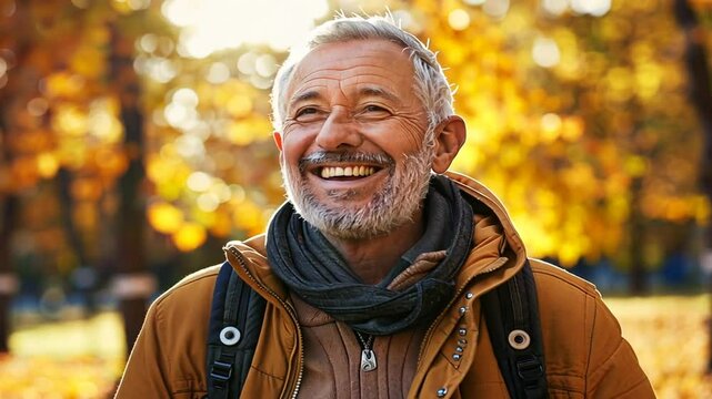 Gl&uuml;cklicher &auml;lterer Mann genie&szlig;t den Herbst