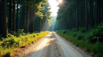 Obraz premium Sunlit Path Through a Serene Pine Forest, a Scenic Dirt Road Beckoning the Adventurous Soul into a Realm of Tranquility and Natural Beauty