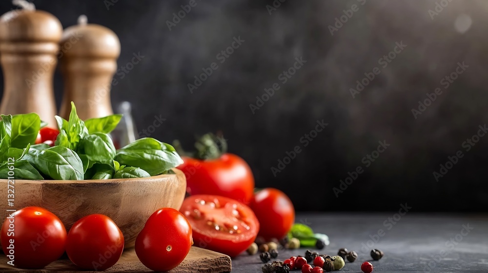 Poster Fresh tomatoes and basil leaves in a rustic setting with pepper shakers creating a culinary scene : Generative AI