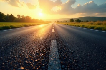 Asphalt Road Stretching Towards a Vibrant Sunset, a Scenic Drive at Golden Hour