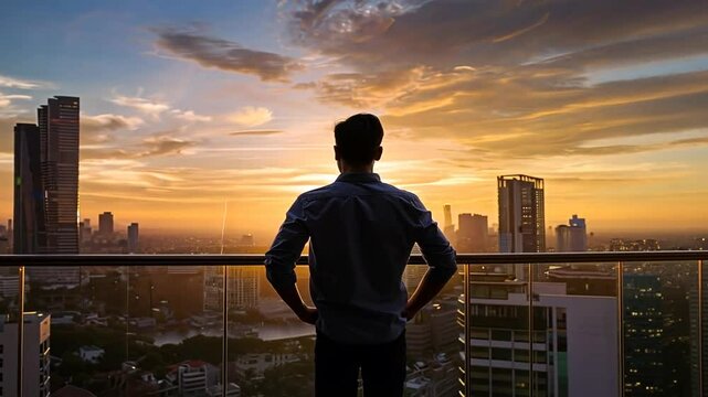 Junger Mann blickt &uuml;ber die Skyline einer Stadt bei Sonnenuntergang