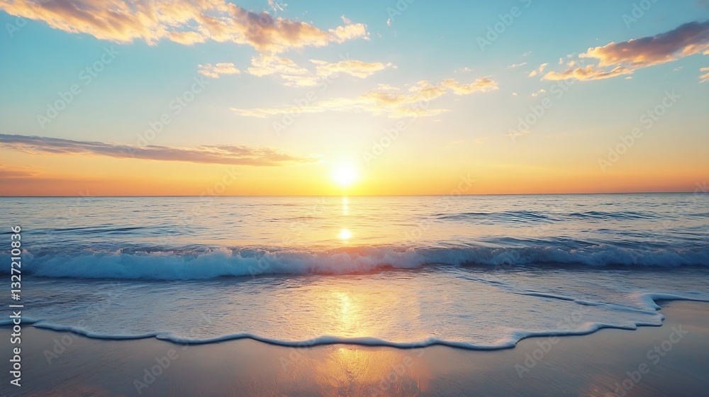 Poster vivid sunset over a calm sea with gentle waves reflecting the warm colors of the sky during twilight
