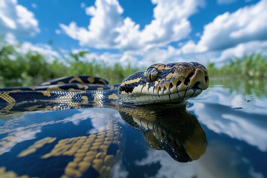 Burmese python slithers through water in Florida wetlands Generative AI