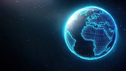 Fototapeta premium Digital globe showing continents with a futuristic blue neon wireframe, floating in space, high-tech and modern aesthetic