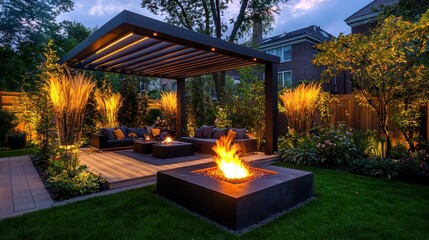 Elegant backyard garden with a pergola, fire pit, and ambient lighting, luxurious outdoor living space