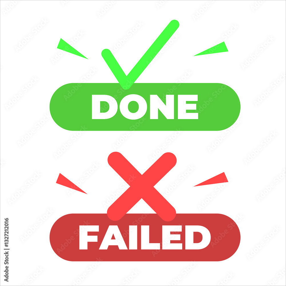 Poster frame set done, failed on white, transparent background vector icons done, failed with check mark an