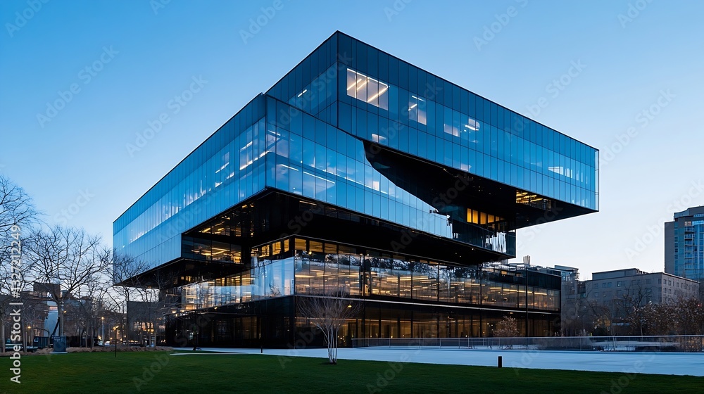 Aufkleber stunning contemporary architecture of a glass building with dynamic shapes and clear reflections at 