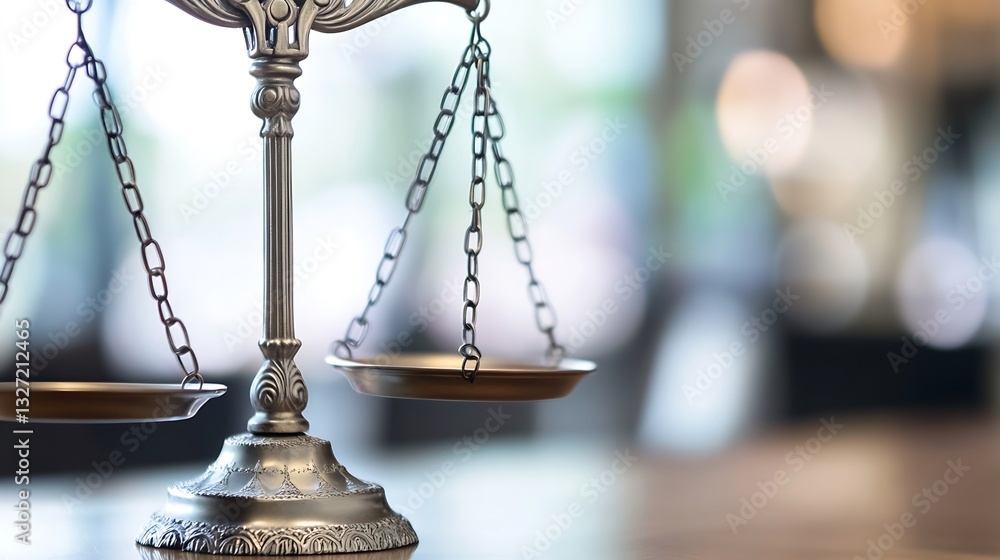 Poster detailed view of a bronze balance scale highlighting delicate chains and dishes in a bright setting 