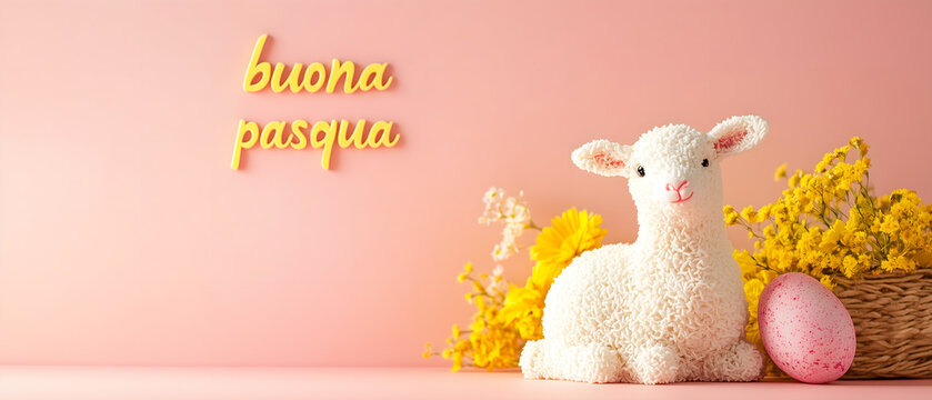 Buona Pasqua! cartolina/striscione religioso moderno e luminoso con agnello pasquale di zucchero; auguri ottimisti, positivi e moderni, ma tradizionali per i propri cari, colleghi, amici