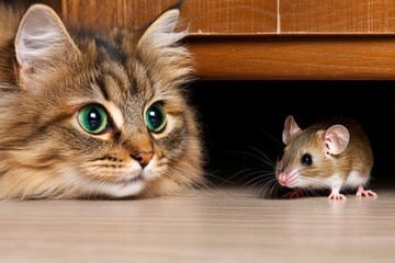 Naklejka na ściany i meble Cat watches mouse hiding behind furniture at home Generative AI